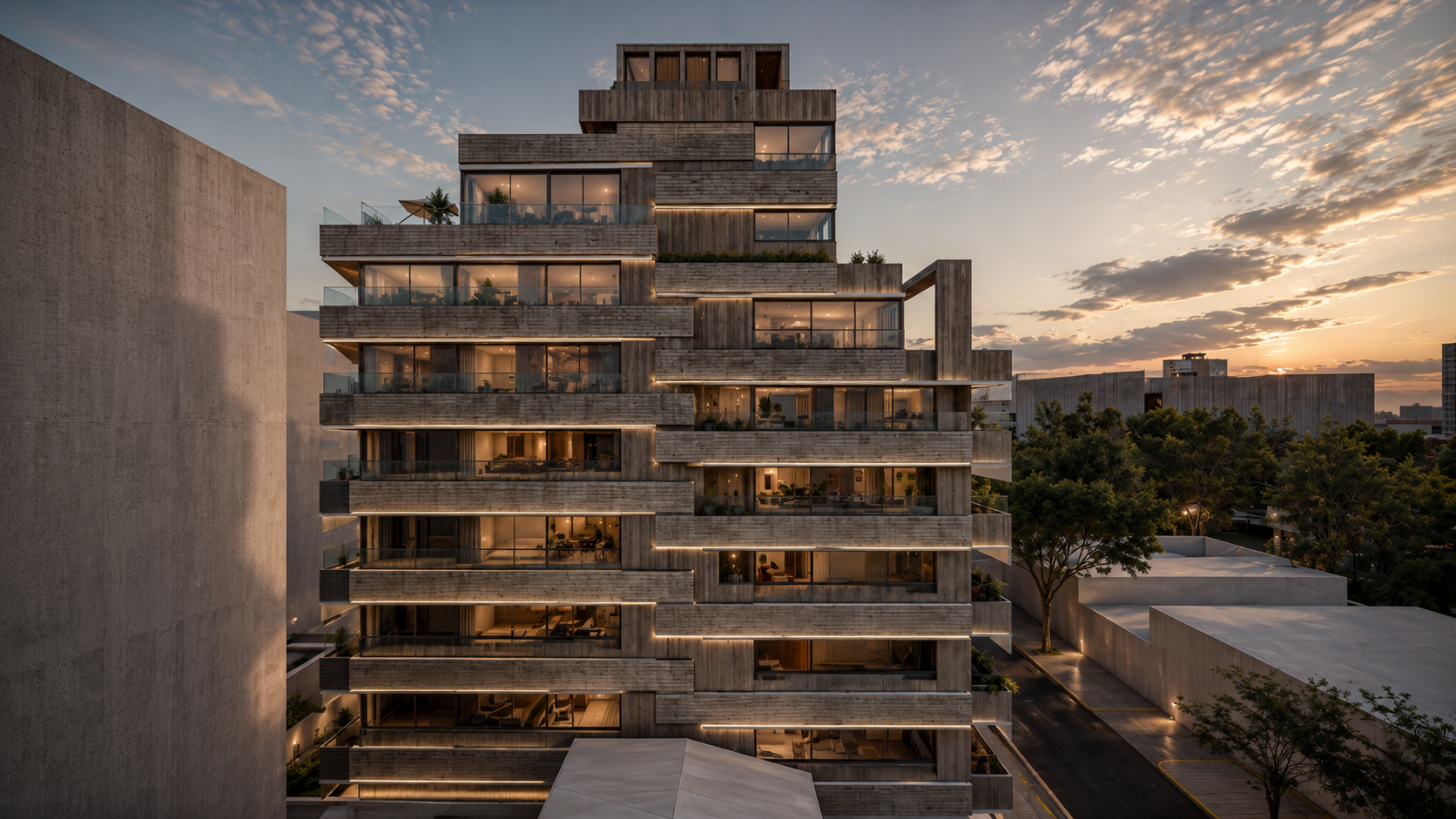 Fachada del edificio Aizpurúa 2624 en Villa Urquiza, con terrazas escalonadas y vegetación